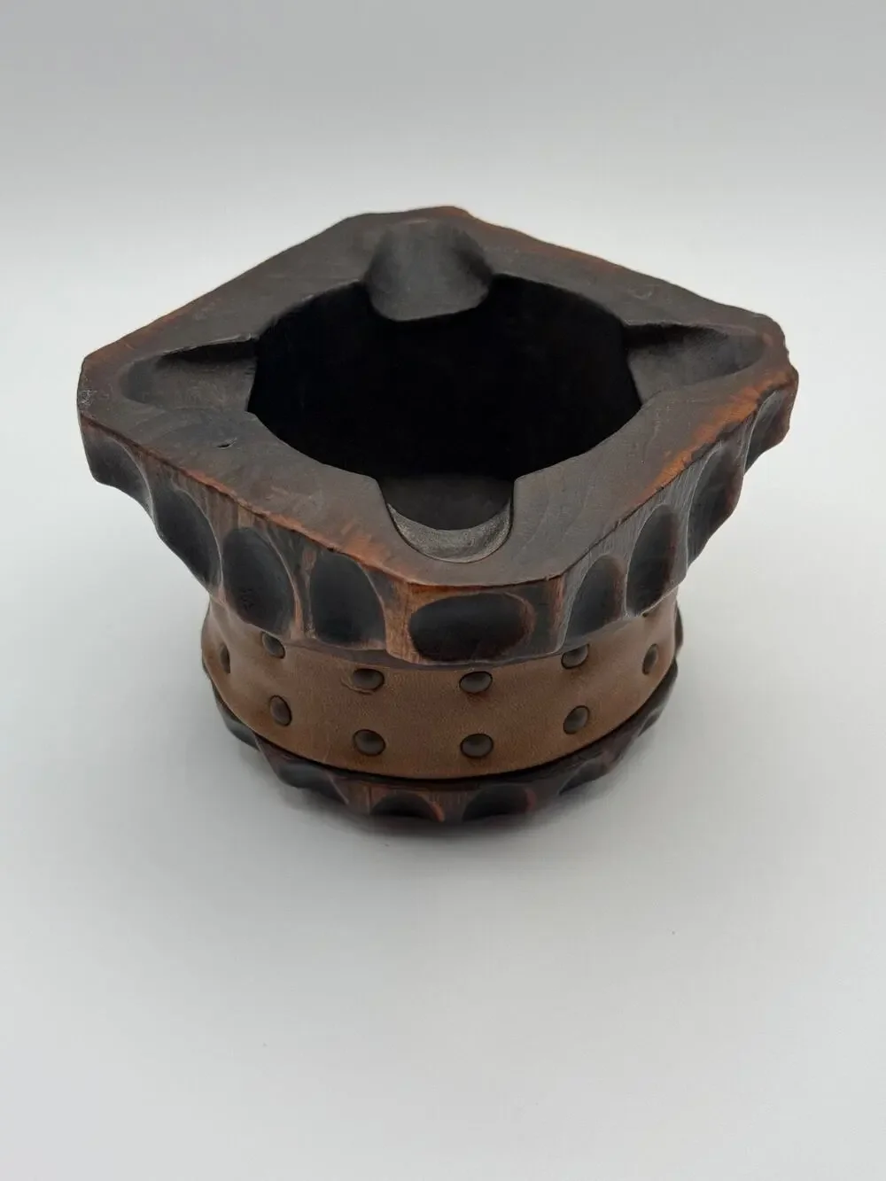 Vintage Spain Carved Wood Mortar Leather Metal Studs Rustic Apothecary 5.5